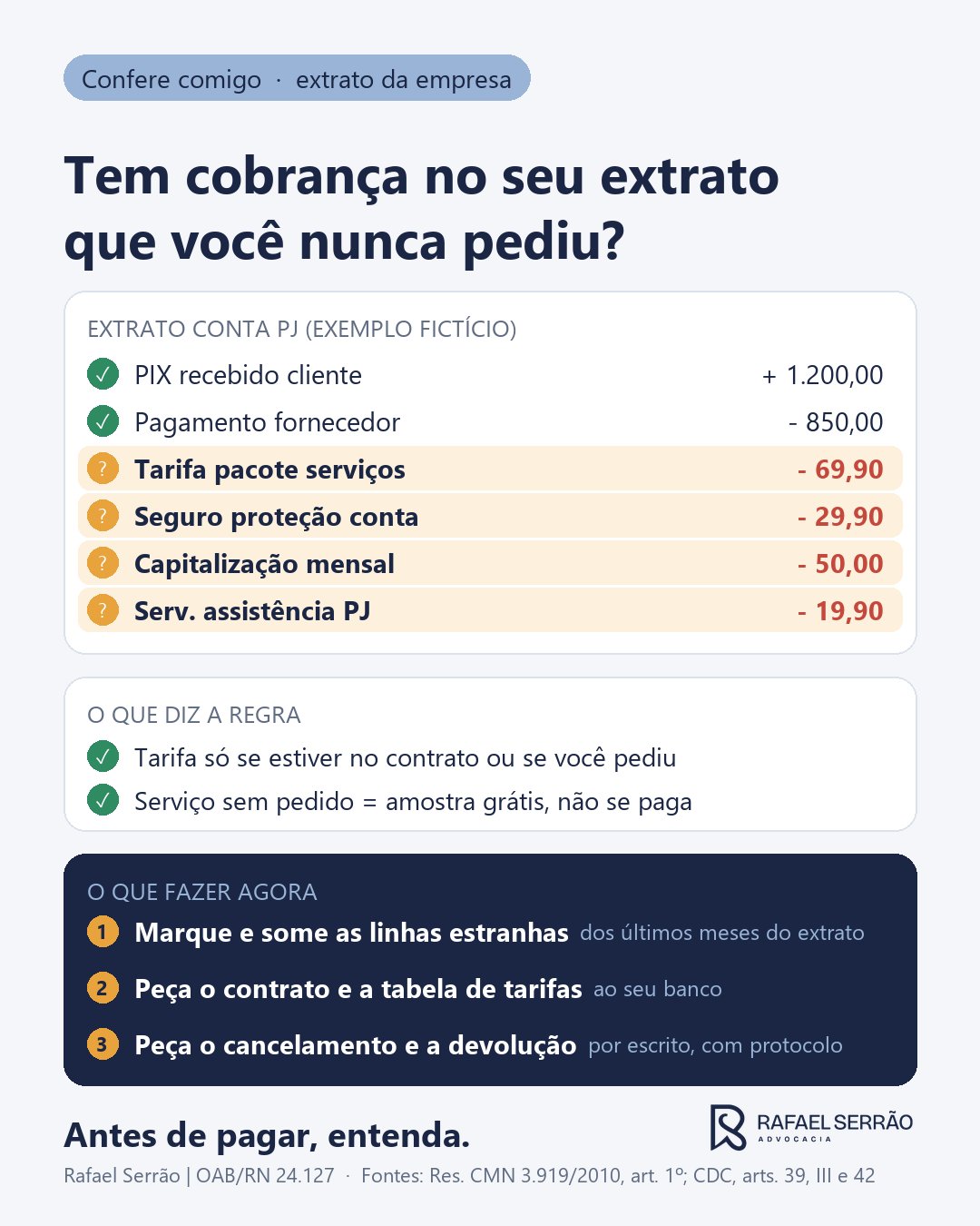 Resumo visual: Tem cobrança no extrato da sua empresa que você nunca pediu? Antes de pagar, entenda.